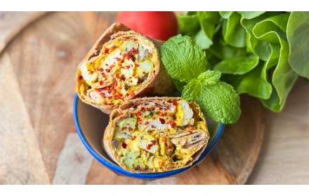 Wrap z pieczonym tofu, kurczakiem, brokułem i curry jogurtowym